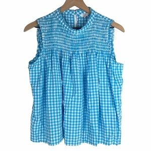 CROWN & IVY Top Blouse Gingham Check Plaid Sleeveless Smocked Blue White Large